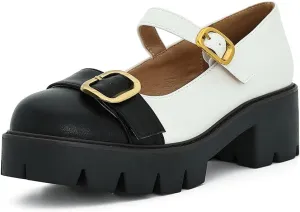 Women's Round Toe Ankle Strap Mary Janes Platform Low Heel Chunky Pumps Oxford Dress Shoes