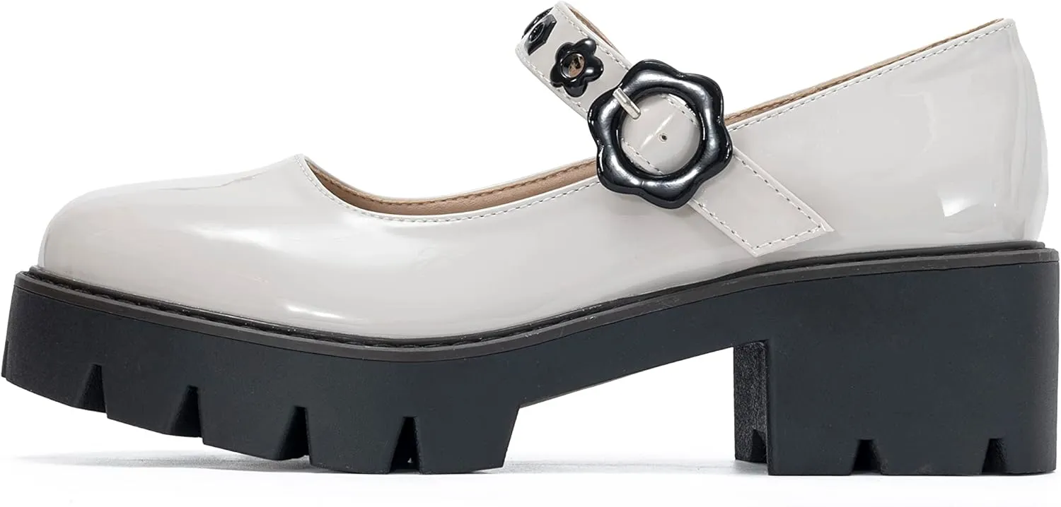 Women's Round Toe Ankle Strap Mary Janes Platform Low Heel Chunky Pumps Oxford Dress Shoes