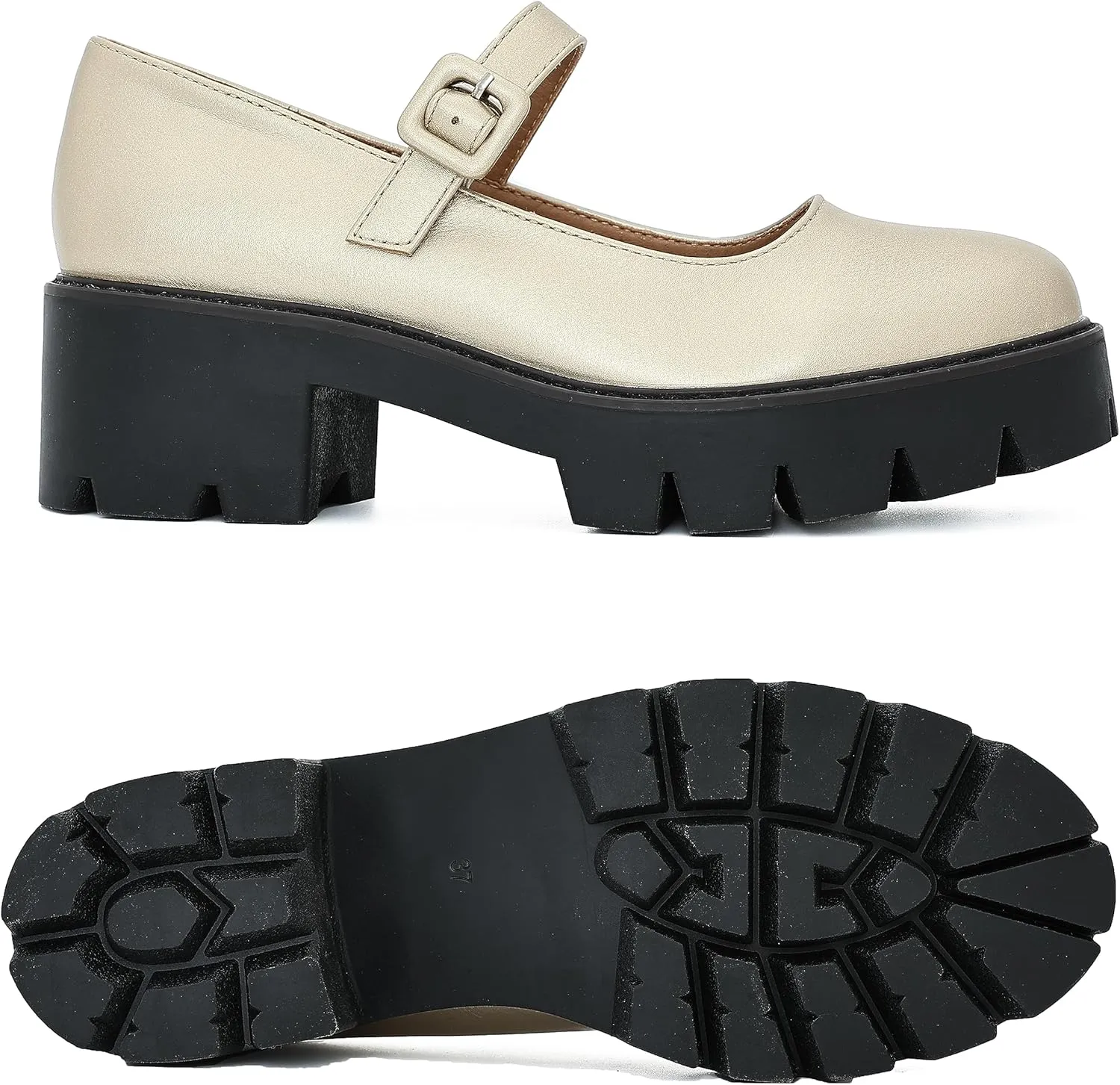 Women's Round Toe Ankle Strap Mary Janes Platform Low Heel Chunky Pumps Oxford Dress Shoes