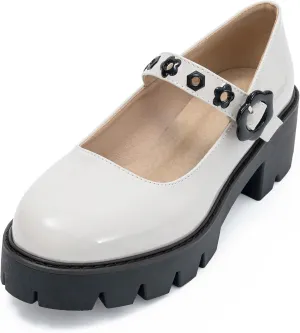 Women's Round Toe Ankle Strap Mary Janes Platform Low Heel Chunky Pumps Oxford Dress Shoes