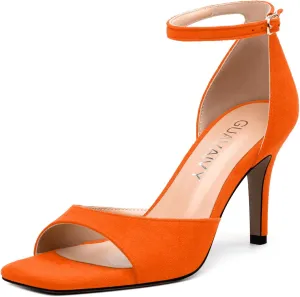 Women's Sandals, High Stilettos Open Square Toe, Ankle Strap Solid Fashion Dress Shoes, Wedding Party Working Heeled Sandals