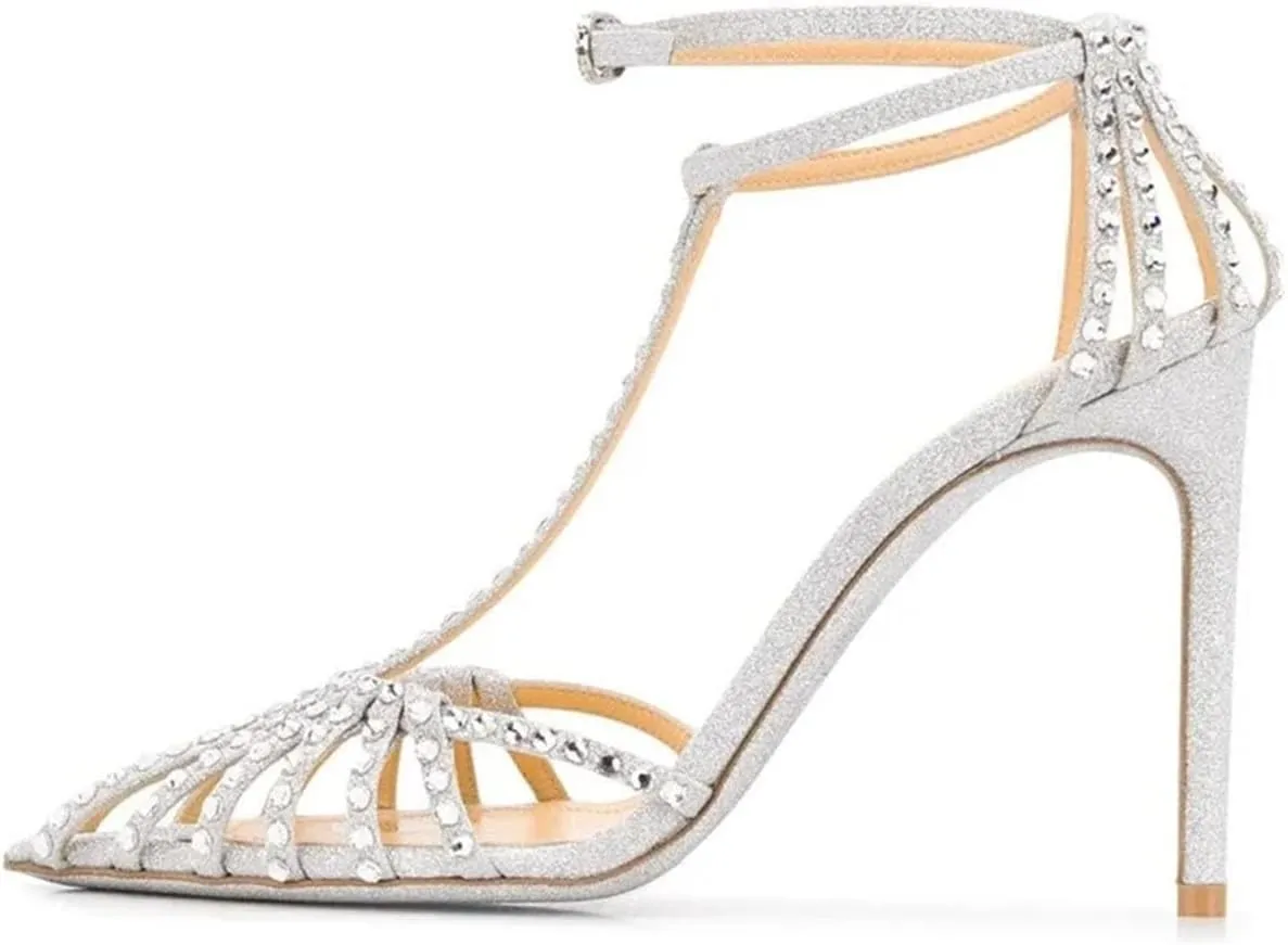 Women's Silver Crystal Cross T-Strap Sandals, Peep Toe Wedding Bling Luxury Summer High Heels