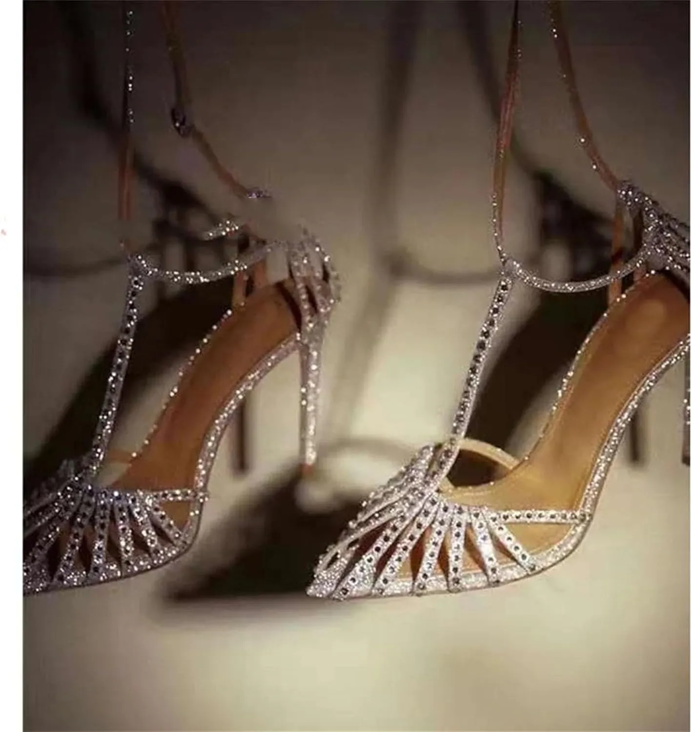 Women's Silver Crystal Cross T-Strap Sandals, Peep Toe Wedding Bling Luxury Summer High Heels