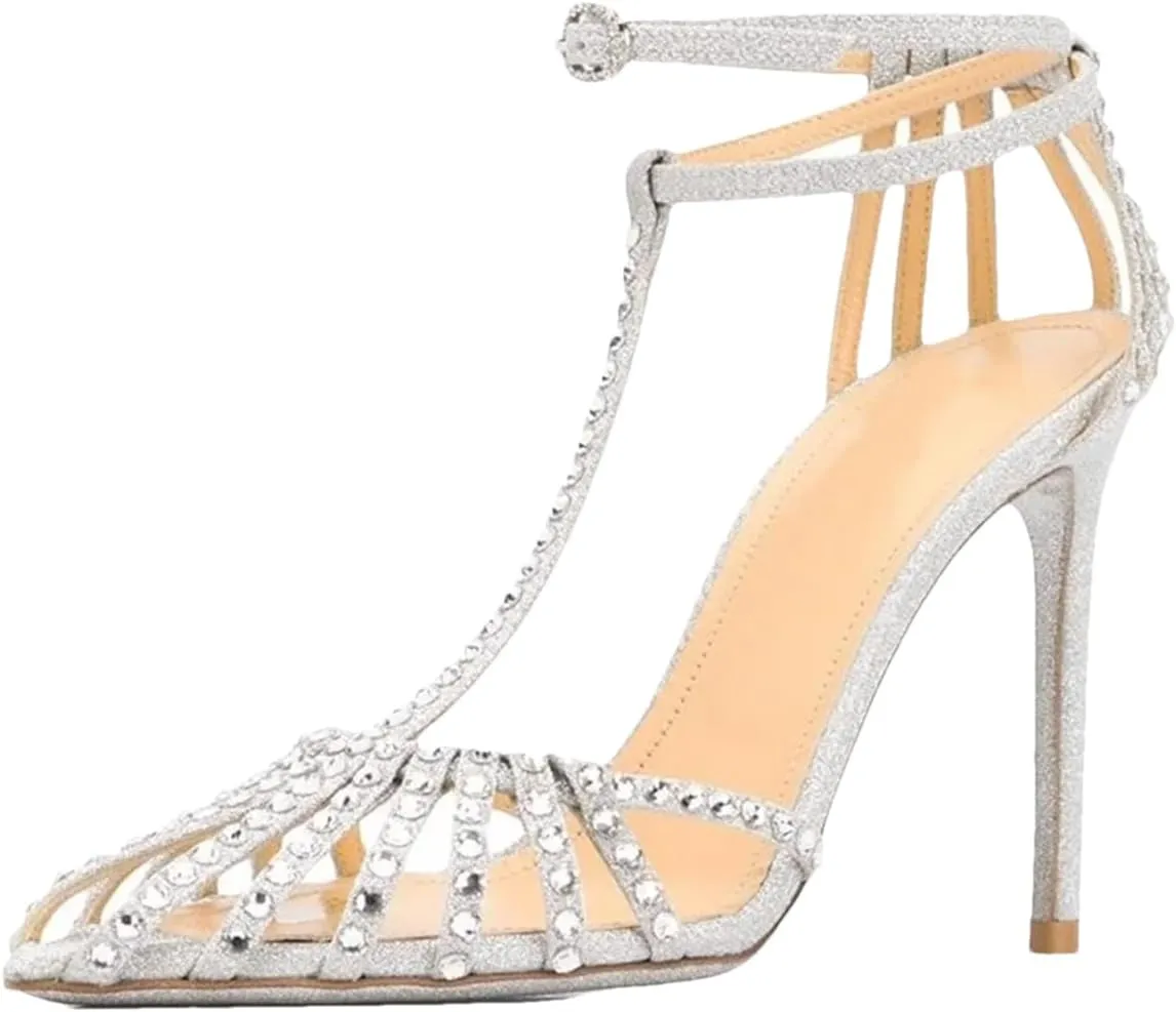 Women's Silver Crystal Cross T-Strap Sandals, Peep Toe Wedding Bling Luxury Summer High Heels