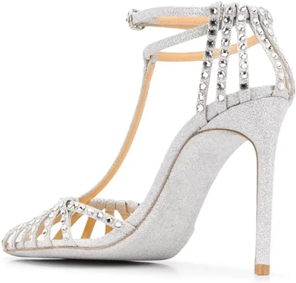 Women's Silver Crystal Cross T-Strap Sandals, Peep Toe Wedding Bling Luxury Summer High Heels