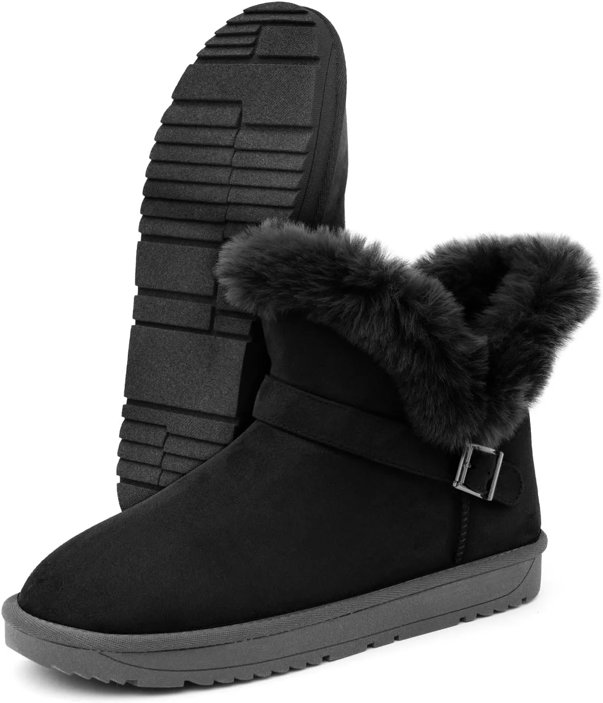 Women's Slip On Winter Boots - Warm Fur Lined Ankle Booties - Comfortable Short Fuzzy Boots Black Grey