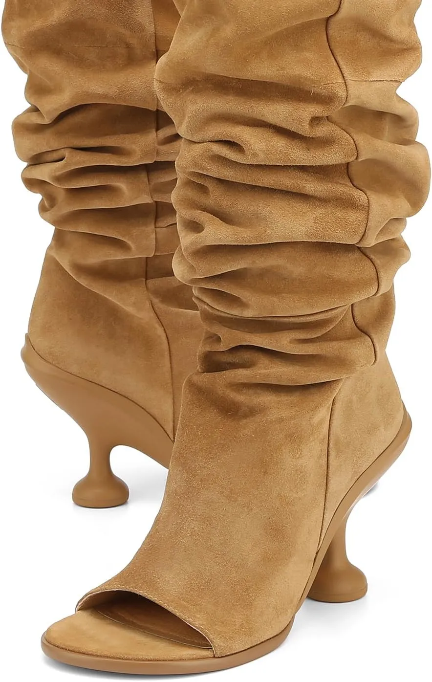 Women's Slouchy Knee High Boots -suede/Leather Peep-Toe Booties with 4.5" Block Heel, Slip-On Round Toe Dress Boots (Available in Brown suede & Black Leather)