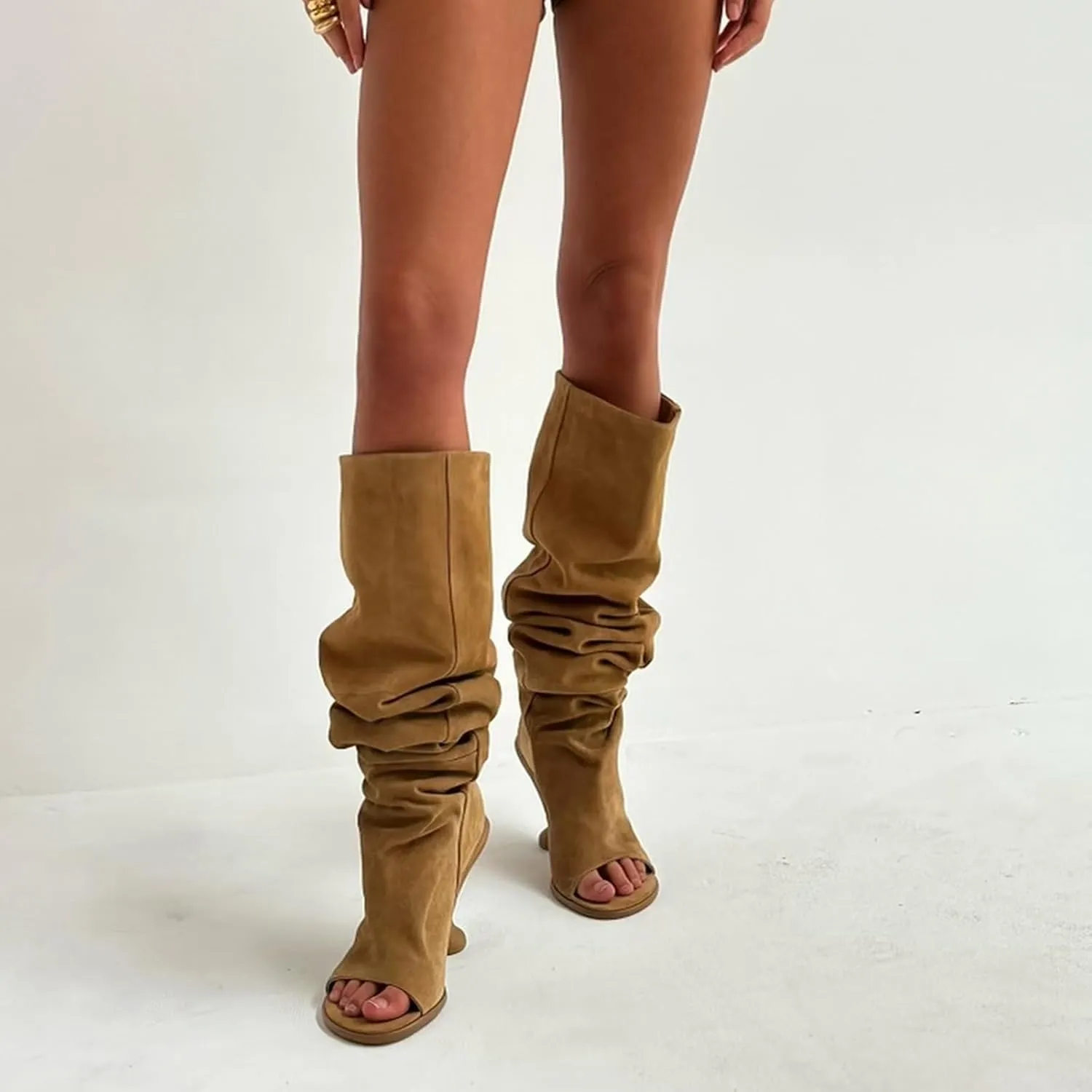 Women's Slouchy Knee High Boots -suede/Leather Peep-Toe Booties with 4.5" Block Heel, Slip-On Round Toe Dress Boots (Available in Brown suede & Black Leather)