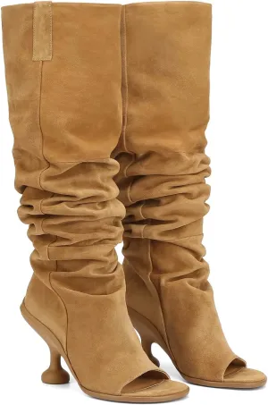 Women's Slouchy Knee High Boots -suede/Leather Peep-Toe Booties with 4.5" Block Heel, Slip-On Round Toe Dress Boots (Available in Brown suede & Black Leather)