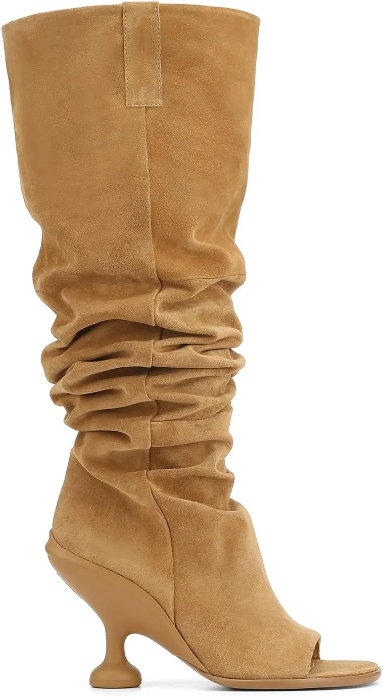 Women's Slouchy Knee High Boots -suede/Leather Peep-Toe Booties with 4.5" Block Heel, Slip-On Round Toe Dress Boots (Available in Brown suede & Black Leather)