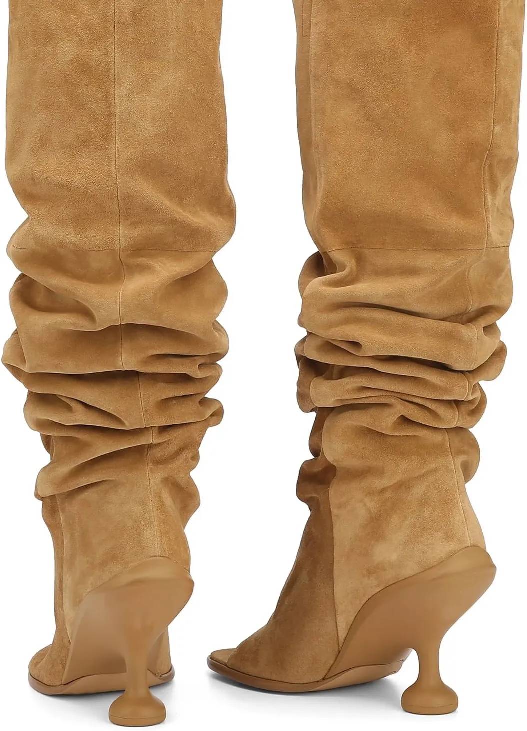 Women's Slouchy Knee High Boots -suede/Leather Peep-Toe Booties with 4.5" Block Heel, Slip-On Round Toe Dress Boots (Available in Brown suede & Black Leather)
