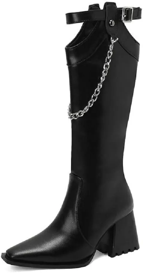 Women's Snake Pattern Length Boots Tall Chunky Heel Pointed Toe Knee-High Boots Autumn And Winter Chain Belt Buckle Knight Boots