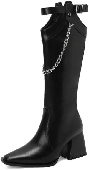 Women's Snake Pattern Length Boots Tall Chunky Heel Pointed Toe Knee-High Boots Autumn And Winter Chain Belt Buckle Knight Boots