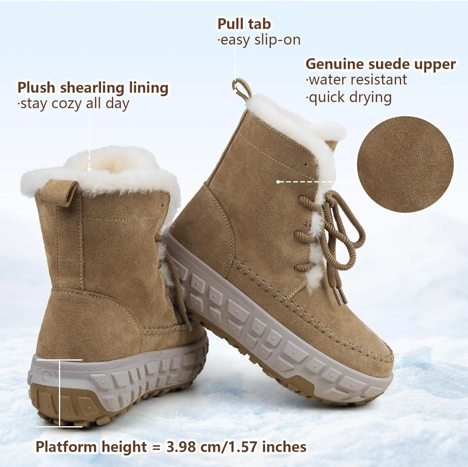 Womens Snow Boots Genuine Suede Faux Fur Lining Warm Lace Up Walking Boots Anti-Slip Cozy Outdoor Ankle Boots
