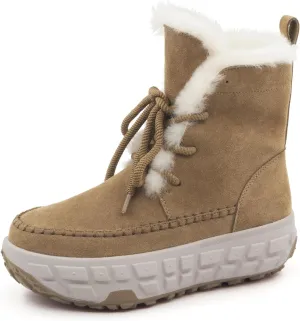 Womens Snow Boots Genuine Suede Faux Fur Lining Warm Lace Up Walking Boots Anti-Slip Cozy Outdoor Ankle Boots