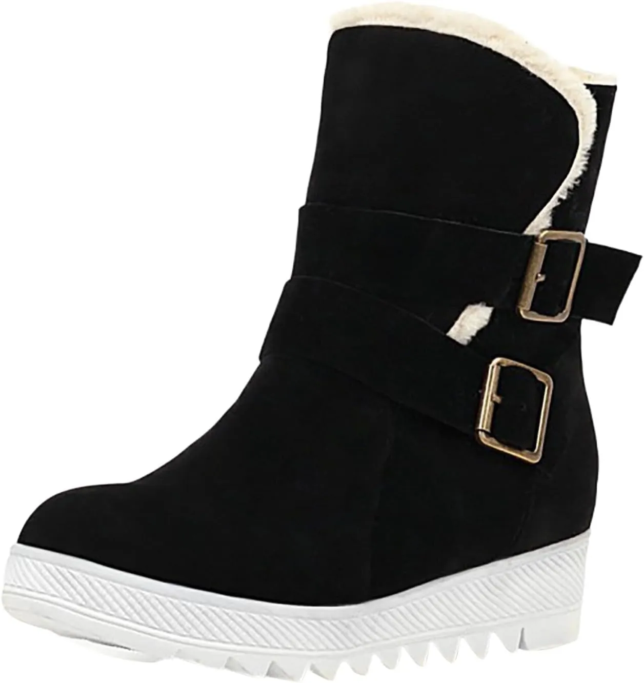 Women's Snow Boots Platform Suede Buckle Strap Anti-slip Winter Boots Classic Fuzzy Fur Booties Cold Weather Lace Up Ankle Boots Ladies Walking Hiking Booties