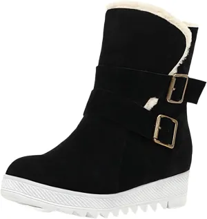 Women's Snow Boots Platform Suede Buckle Strap Anti-slip Winter Boots Classic Fuzzy Fur Booties Cold Weather Lace Up Ankle Boots Ladies Walking Hiking Booties