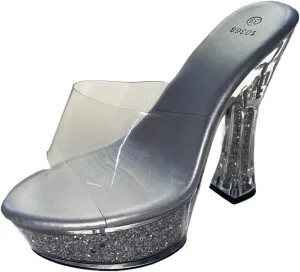 Women's Solid Color Trendy Sandals, Slip On Casual Chunky Heel Platform Slides, Transparent Dance Show Slides Silver Glitter Platform Sandals, Fish Toe, 5.5 inch Heel