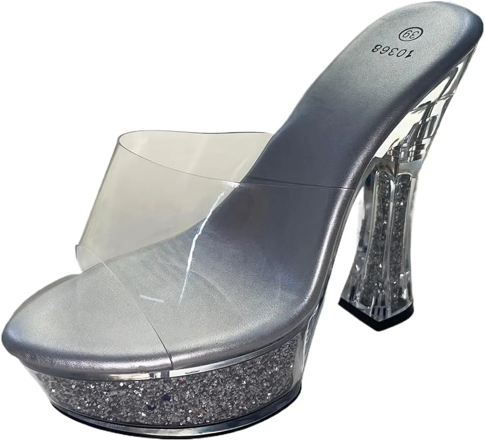 Women's Solid Color Trendy Sandals, Slip On Casual Chunky Heel Platform Slides, Transparent Dance Show Slides Silver Glitter Platform Sandals, Fish Toe, 5.5 inch Heel