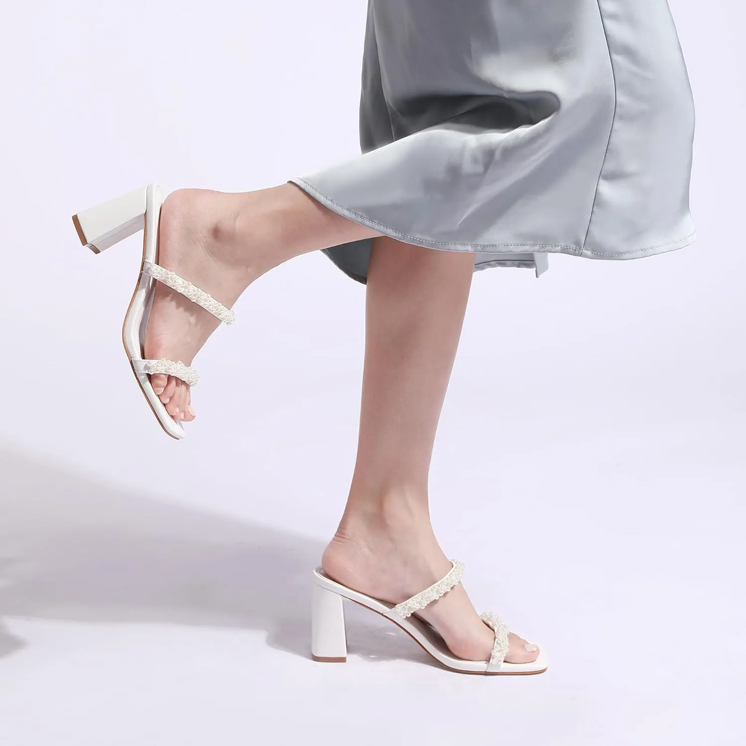 Women's Square Open Toe Heeled Sandals Two Strap Mules Slip On Block Chunky Mid Heels Sandals