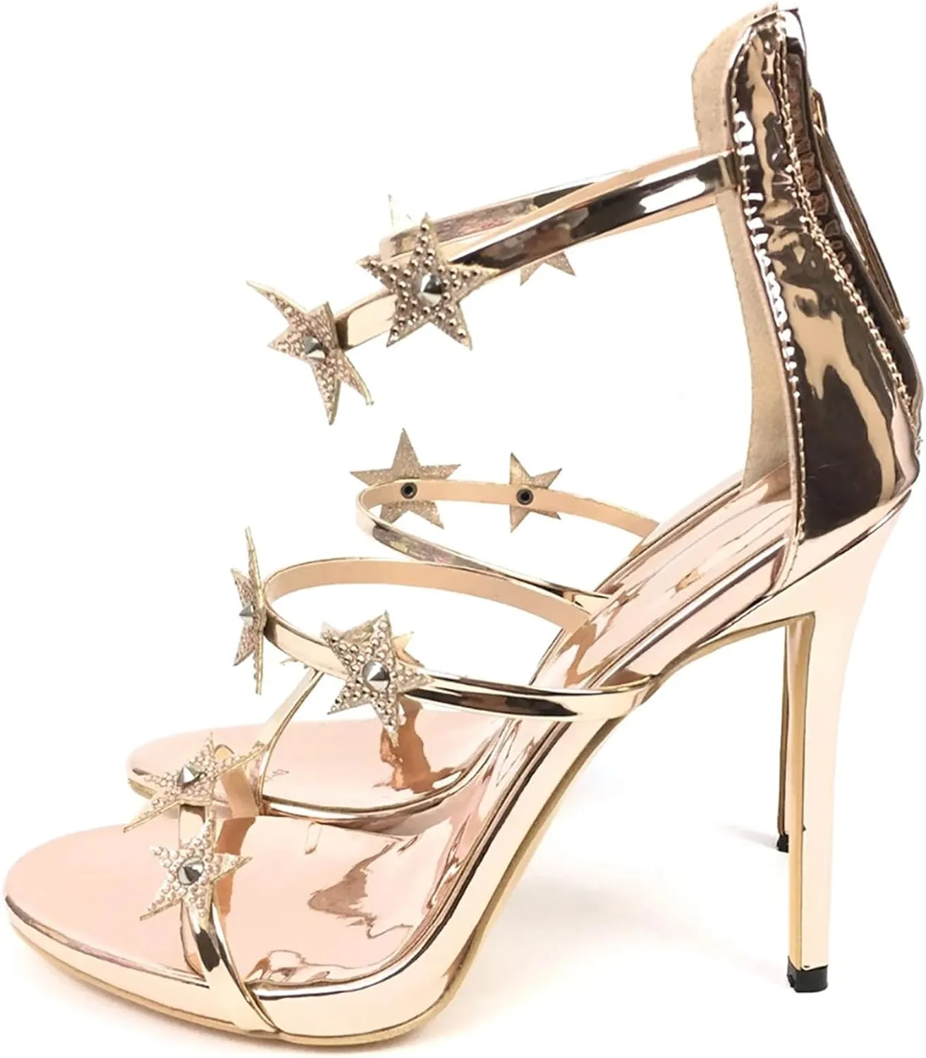 Women's Star Strap Rose Gold Sandals, Open Toe Stiletto Party Heels