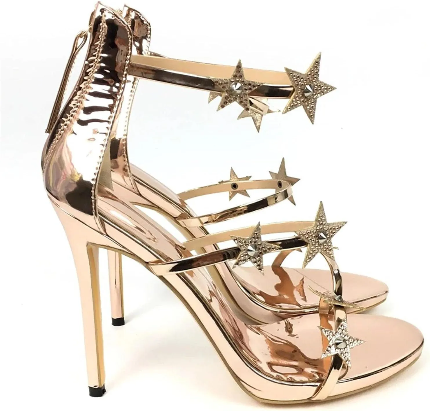 Women's Star Strap Rose Gold Sandals, Open Toe Stiletto Party Heels