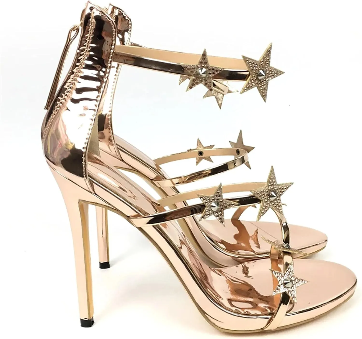 Women's Star Strap Rose Gold Sandals, Open Toe Stiletto Party Heels