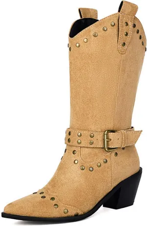 Women's Suede Studded Mid-Calf Western Boots Pointed Toe Pull-On Retro Chunky Block Heel Cowgirl Boots with Buckle Fashion Wide Calf Cowboy Boots