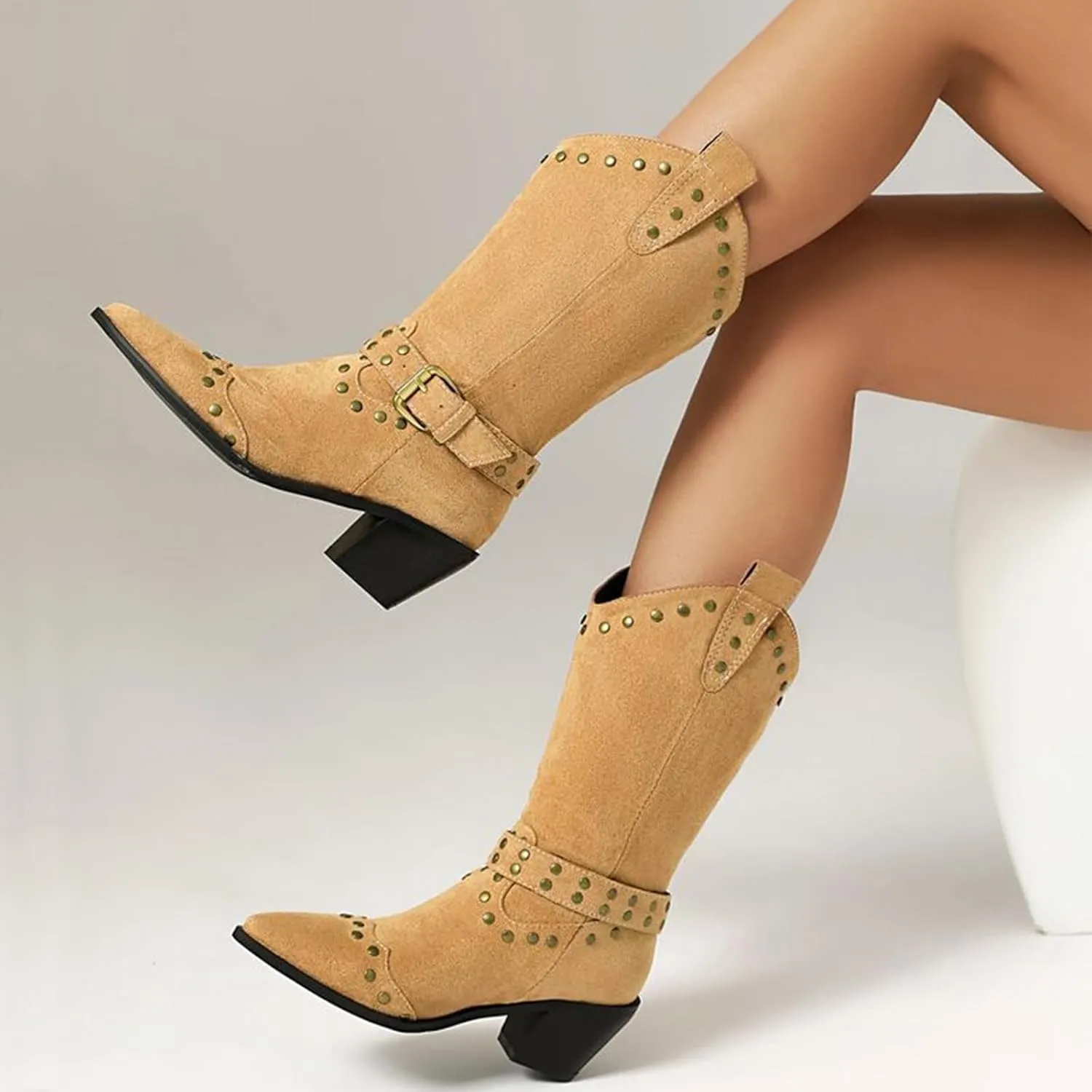 Women's Suede Studded Mid-Calf Western Boots Pointed Toe Pull-On Retro Chunky Block Heel Cowgirl Boots with Buckle Fashion Wide Calf Cowboy Boots