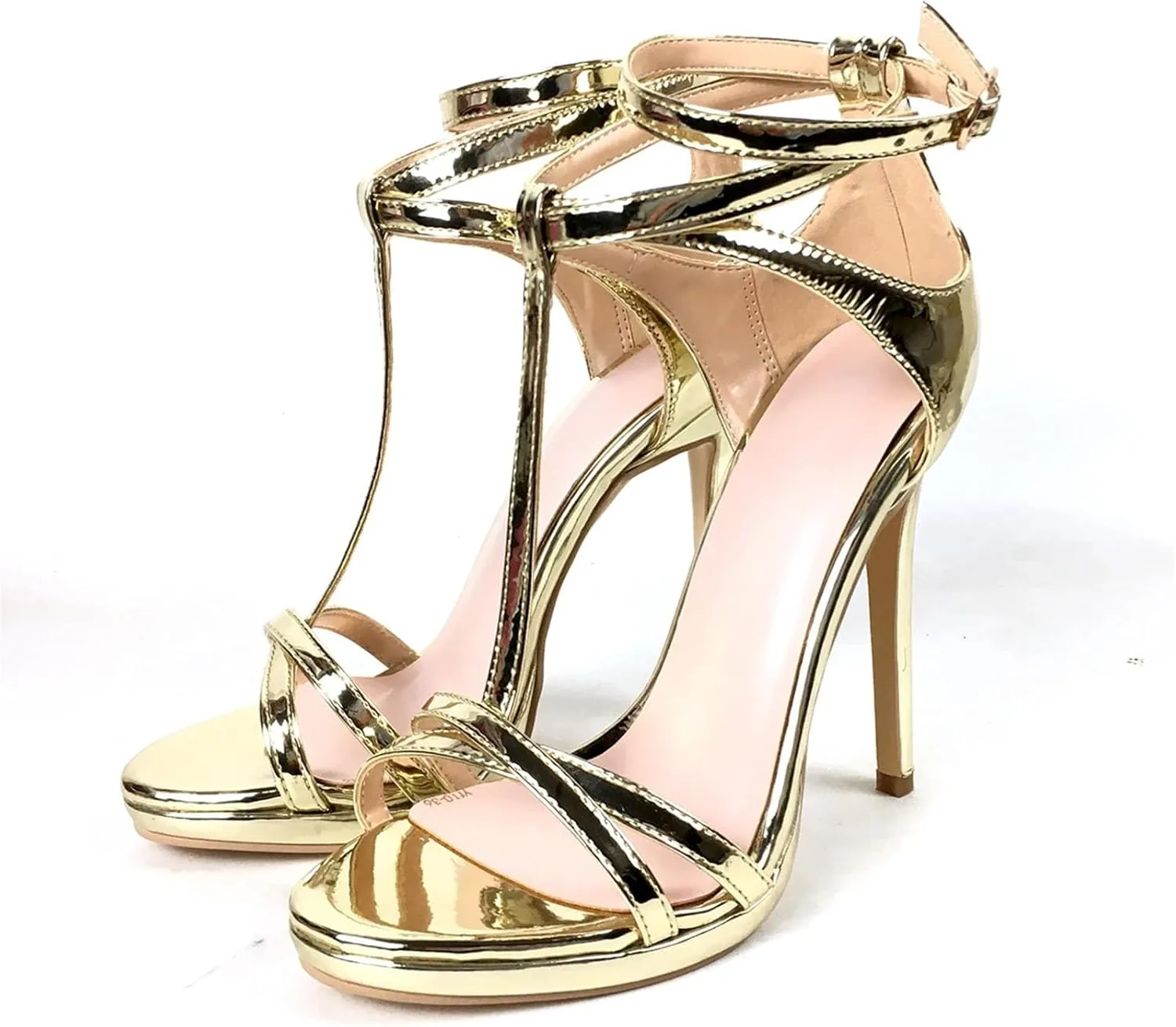 Women's T-Strap Gold Sandals, Open Toe Stiletto Party Heels