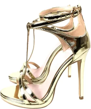 Women's T-Strap Gold Sandals, Open Toe Stiletto Party Heels