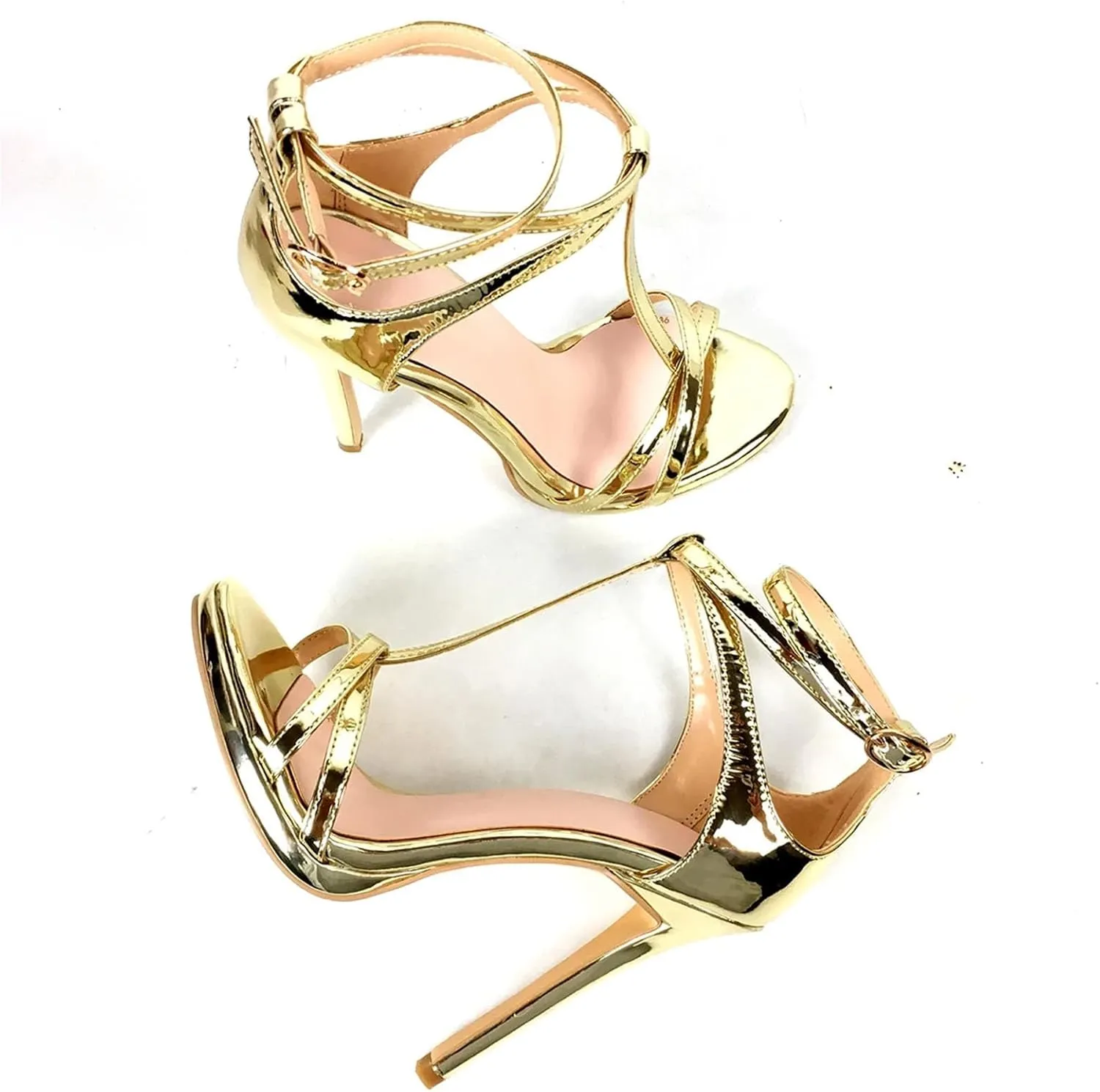 Women's T-Strap Gold Sandals, Open Toe Stiletto Party Heels