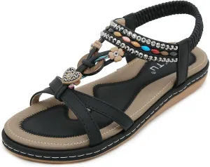 Womens T-Strap Sandals Bohemian Beaded Flat Sandals Ladies Comfortable Open Toe Elastic Ankle Strap Sandals Dress Summer Beach Shoes