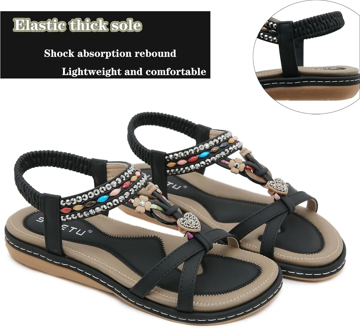 Womens T-Strap Sandals Bohemian Beaded Flat Sandals Ladies Comfortable Open Toe Elastic Ankle Strap Sandals Dress Summer Beach Shoes