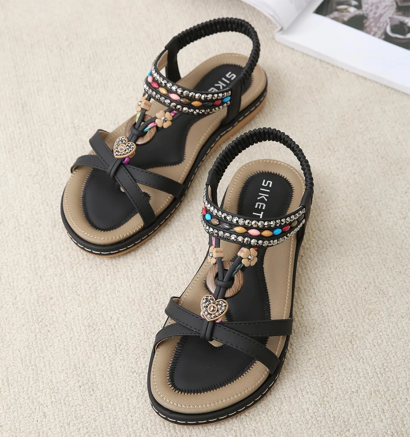 Womens T-Strap Sandals Bohemian Beaded Flat Sandals Ladies Comfortable Open Toe Elastic Ankle Strap Sandals Dress Summer Beach Shoes