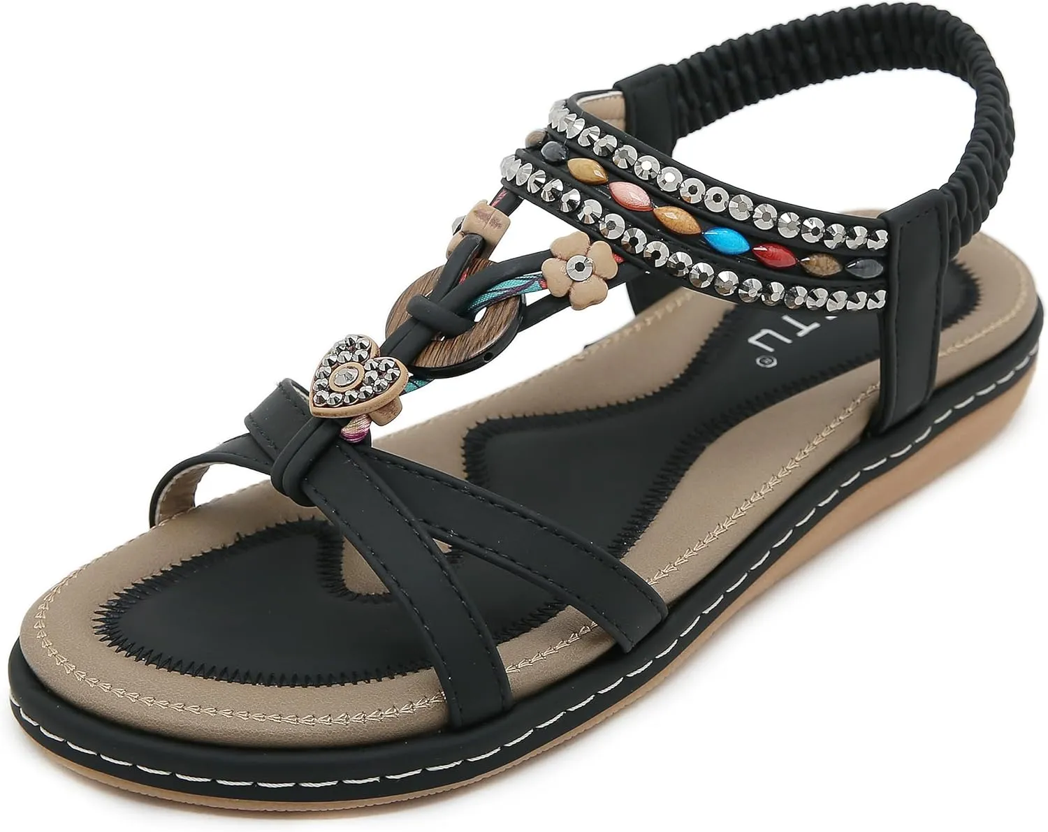 Womens T-Strap Sandals Bohemian Beaded Flat Sandals Ladies Comfortable Open Toe Elastic Ankle Strap Sandals Dress Summer Beach Shoes