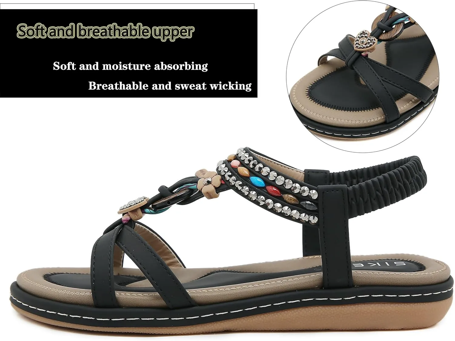 Womens T-Strap Sandals Bohemian Beaded Flat Sandals Ladies Comfortable Open Toe Elastic Ankle Strap Sandals Dress Summer Beach Shoes