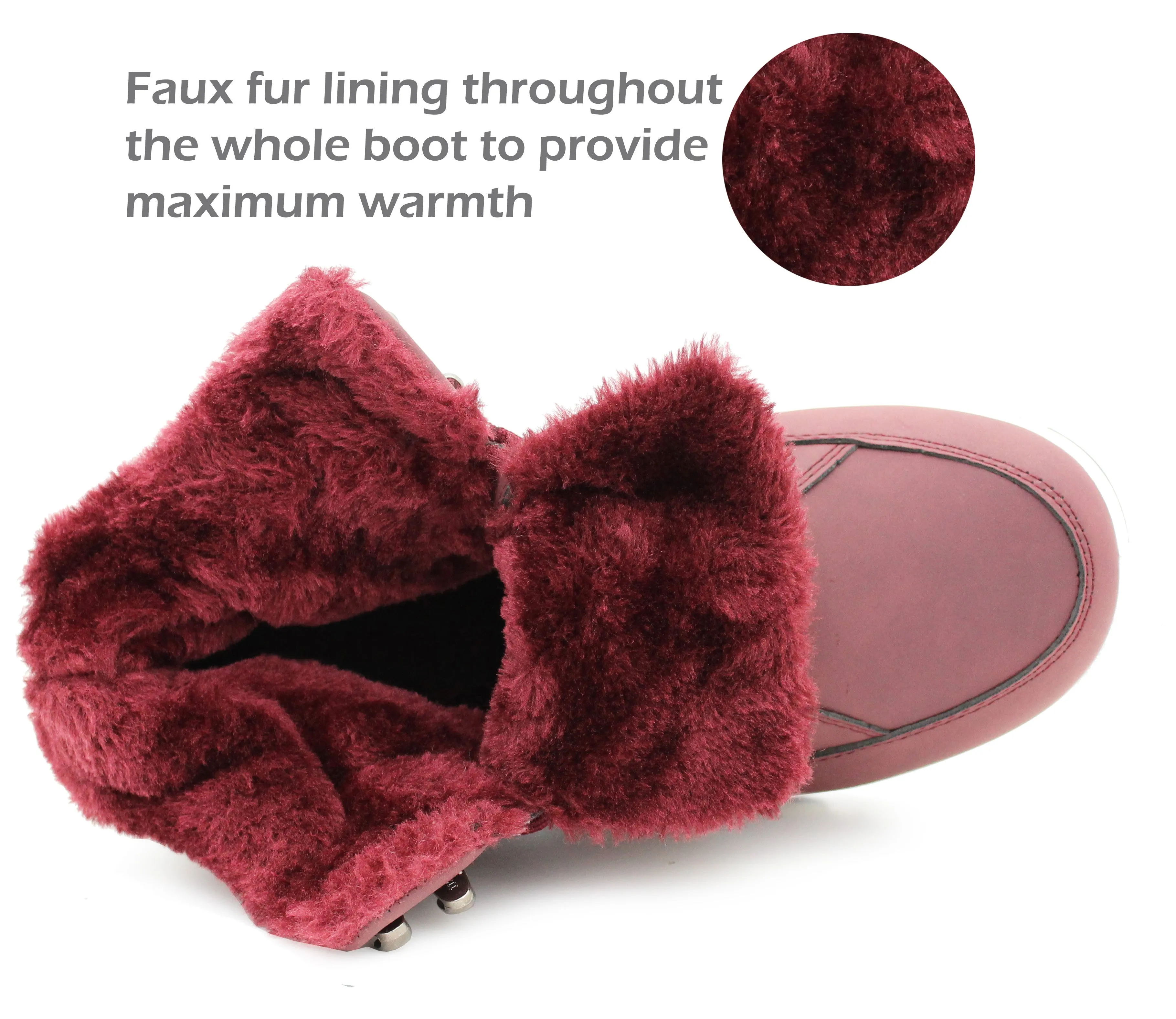 Womens Thermal Hiking Boots Burgundy Warm Faux Fur Lined Insulated Lace Up Trekking Ankle Snow Boots