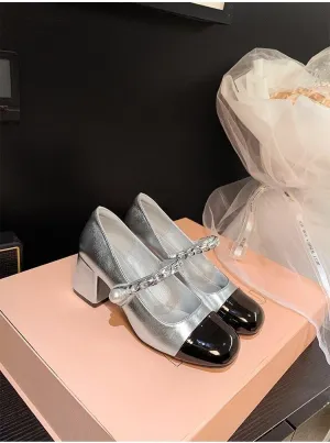 Women's Vintage - Inspired Mary - Jane Open - Back Sandals with Pearl Chain, Chunky Heel and Color - Block Design (silver, Adult, Women, 6, Numeric, US Footwear Size System, Medium)