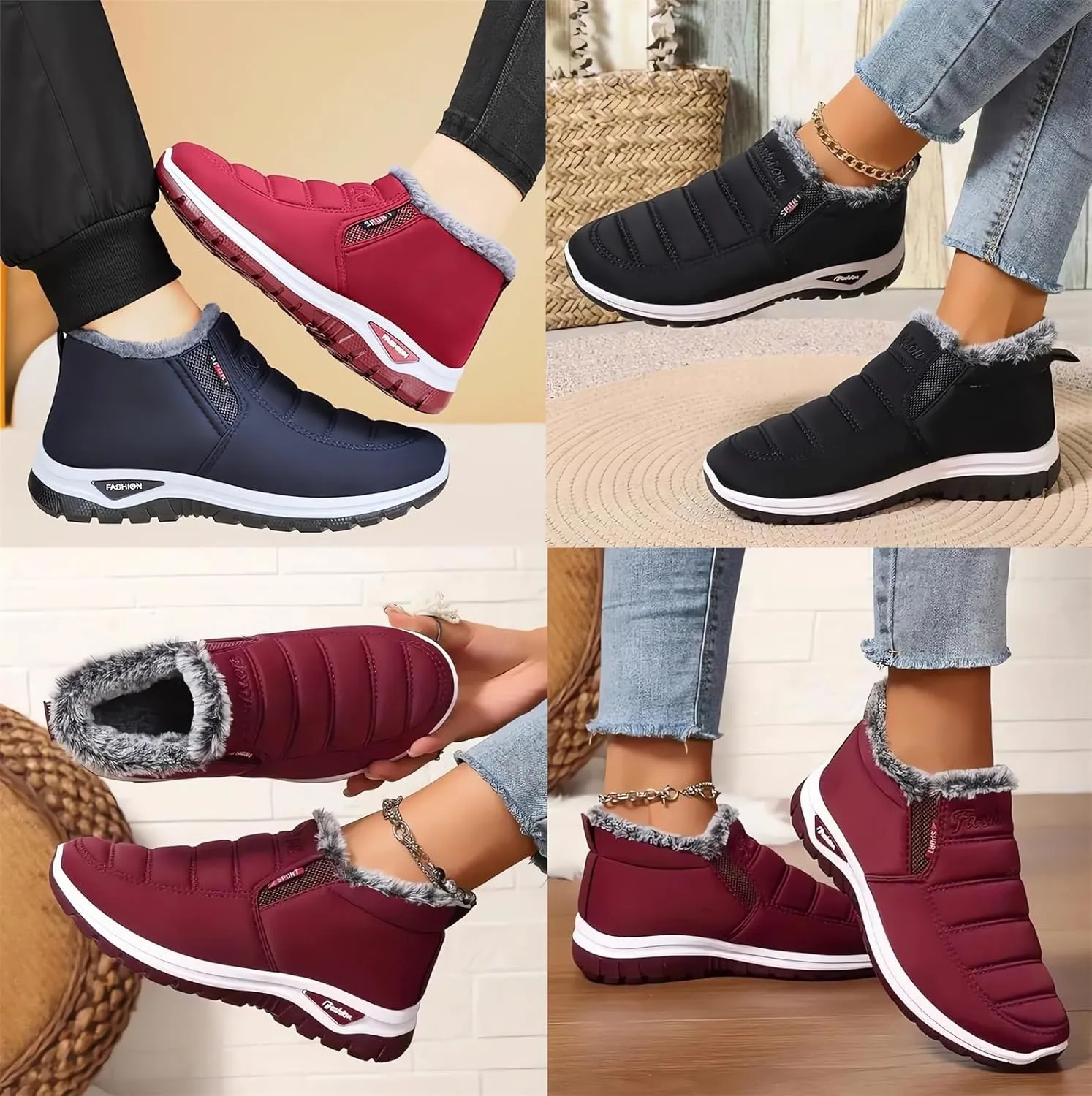 Women's Warm Sheepskin-Lined Boots Ladies Winter Ankle Slip on Short Snow Fur Lined Boots Comfortable Waterproof Orthopedic Walking Fur Fuzzy Thermal Soft Booties Wide Warm Arch Support Shoes