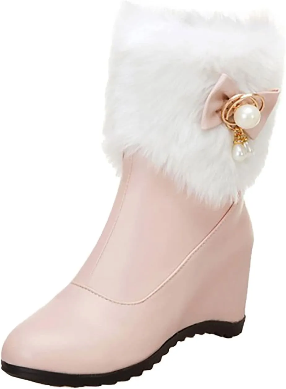 Women's Wedge Ankle Booties Side Zip Winter Boots Warm Furry Boots Fur Lined Snow Boots Fur Lined Hiking Boots