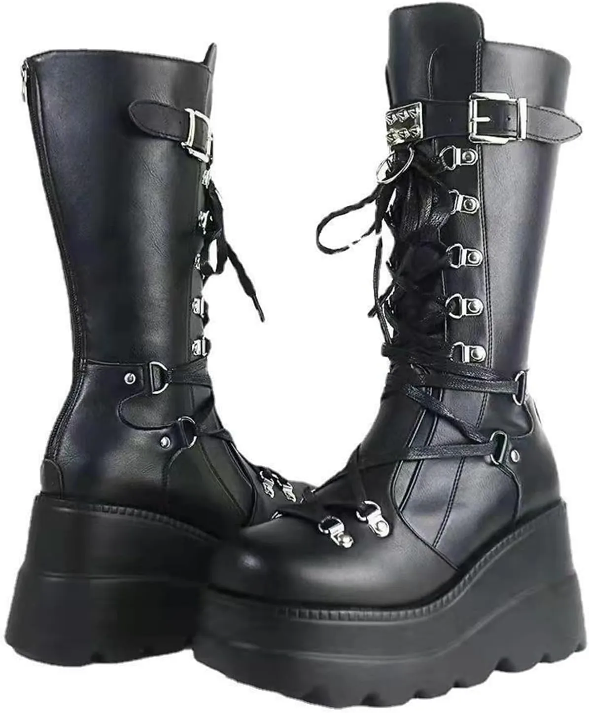 Womens Wedge Mid Calf Boots Round Toe Chunky Heel Punk Combat Booties Lace Up Back Zip Platform Goth Motorcycle Boots