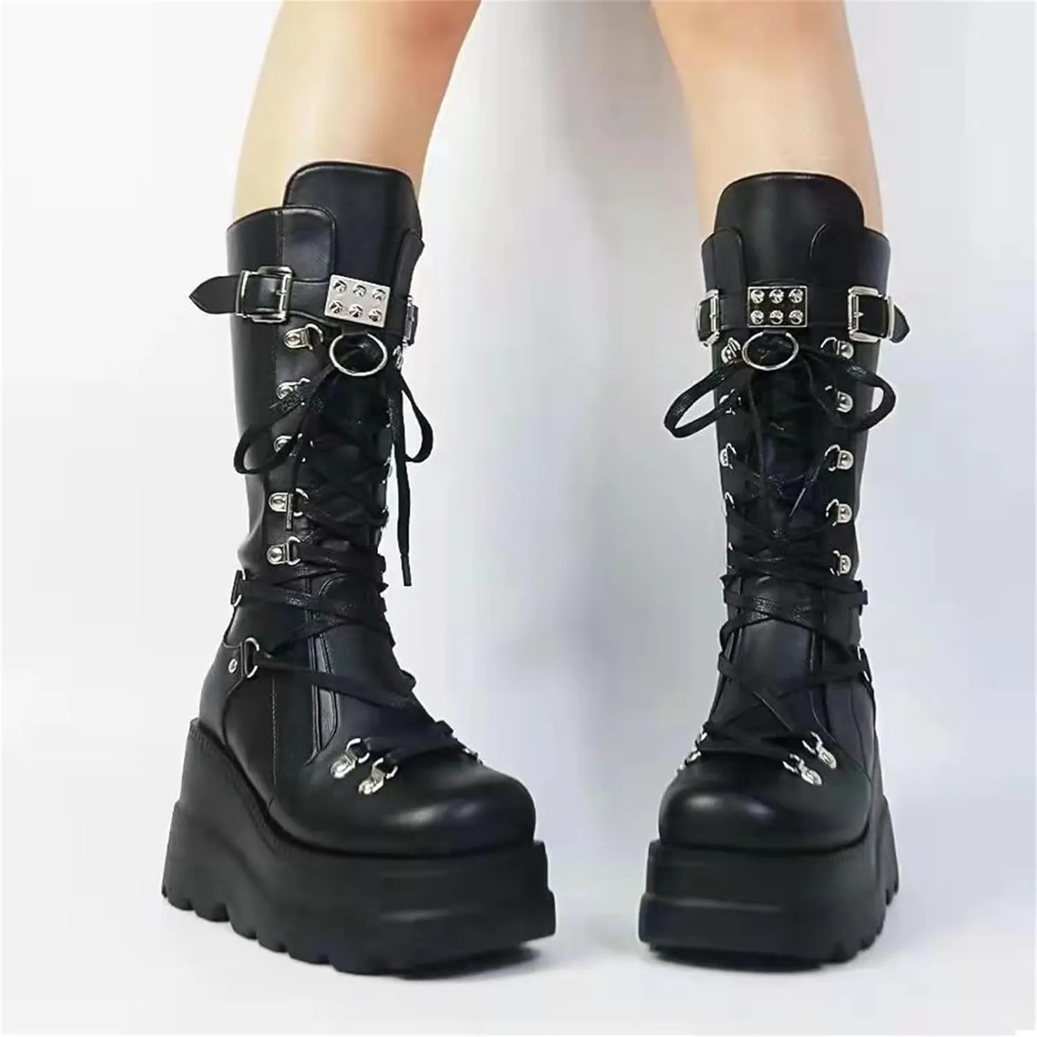 Womens Wedge Mid Calf Boots Round Toe Chunky Heel Punk Combat Booties Lace Up Back Zip Platform Goth Motorcycle Boots