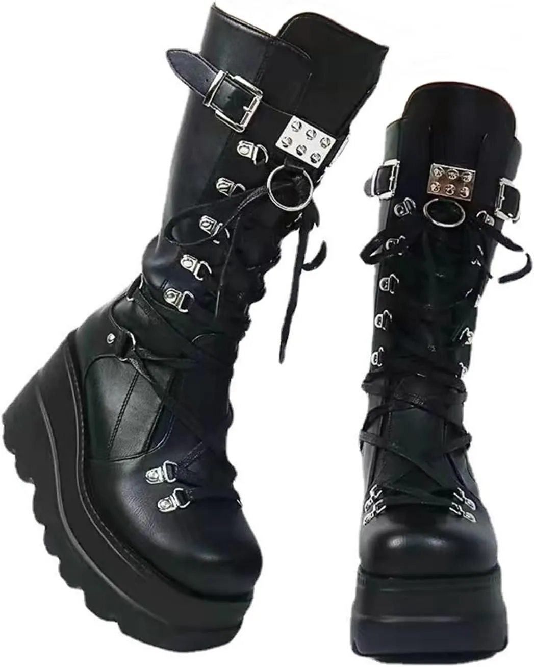 Womens Wedge Mid Calf Boots Round Toe Chunky Heel Punk Combat Booties Lace Up Back Zip Platform Goth Motorcycle Boots