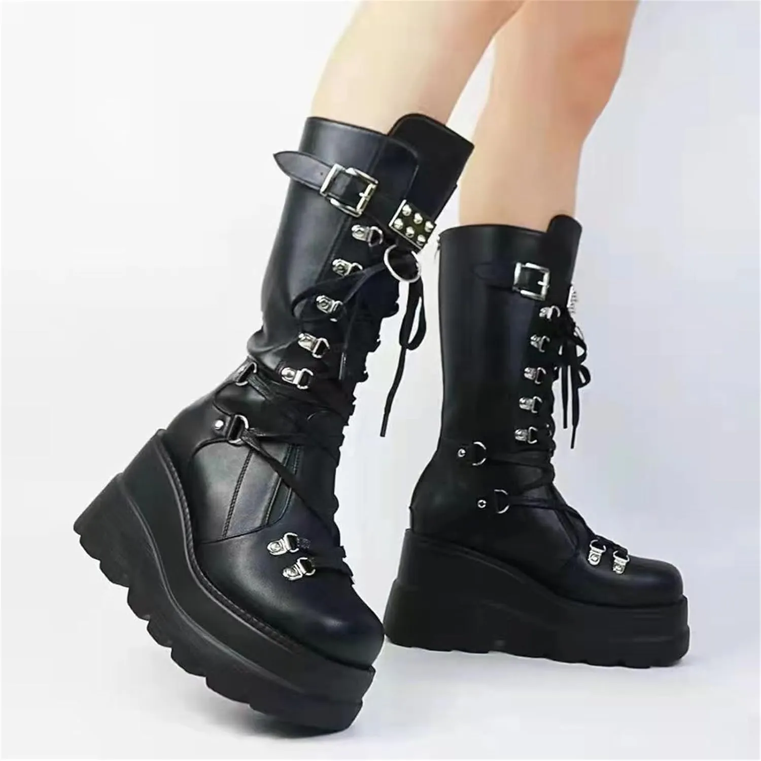 Womens Wedge Mid Calf Boots Round Toe Chunky Heel Punk Combat Booties Lace Up Back Zip Platform Goth Motorcycle Boots