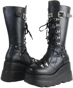 Womens Wedge Mid Calf Boots Round Toe Chunky Heel Punk Combat Booties Lace Up Back Zip Platform Goth Motorcycle Boots