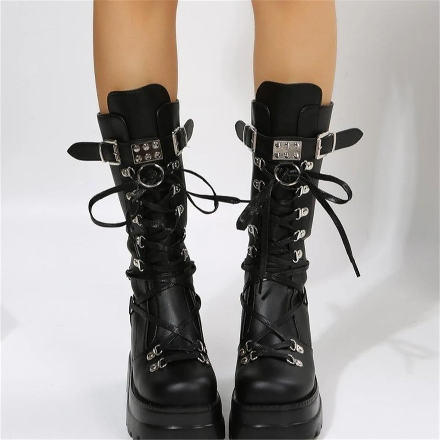 Womens Wedge Mid Calf Boots Round Toe Chunky Heel Punk Combat Booties Lace Up Back Zip Platform Goth Motorcycle Boots