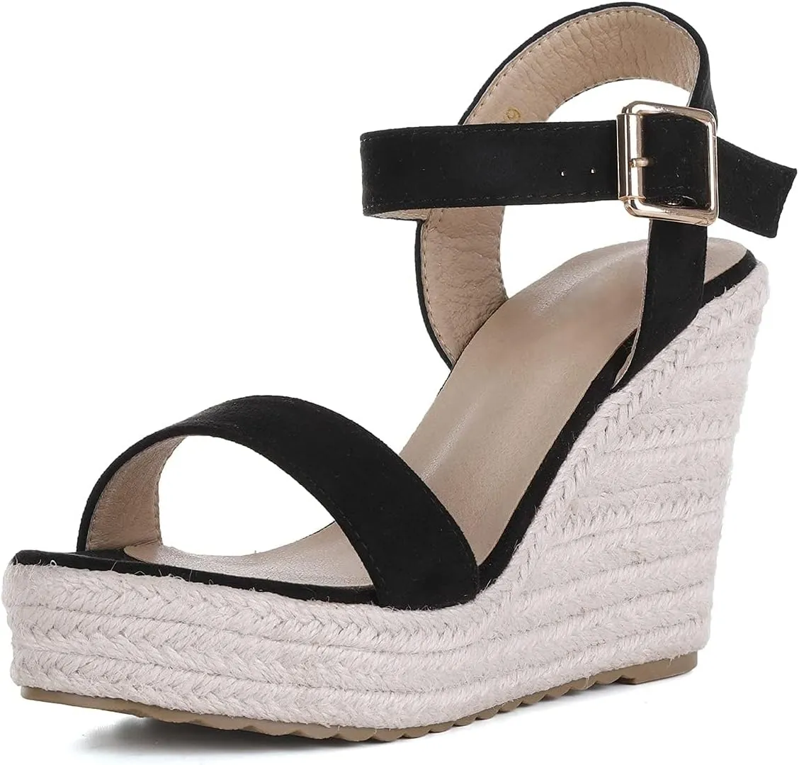 Women'S Wedge Sandals Platform, Ankle Strap Wedge Sandals Open Toe Casual Summer Straw Woven Classic Wedge Sandals