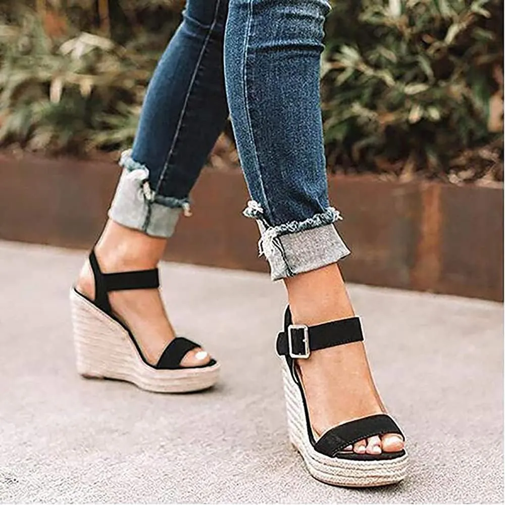 Women'S Wedge Sandals Platform, Ankle Strap Wedge Sandals Open Toe Casual Summer Straw Woven Classic Wedge Sandals