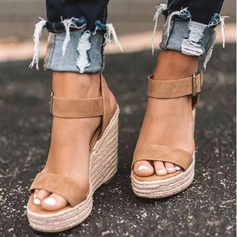 Women'S Wedge Sandals Platform, Ankle Strap Wedge Sandals Open Toe Casual Summer Straw Woven Classic Wedge Sandals